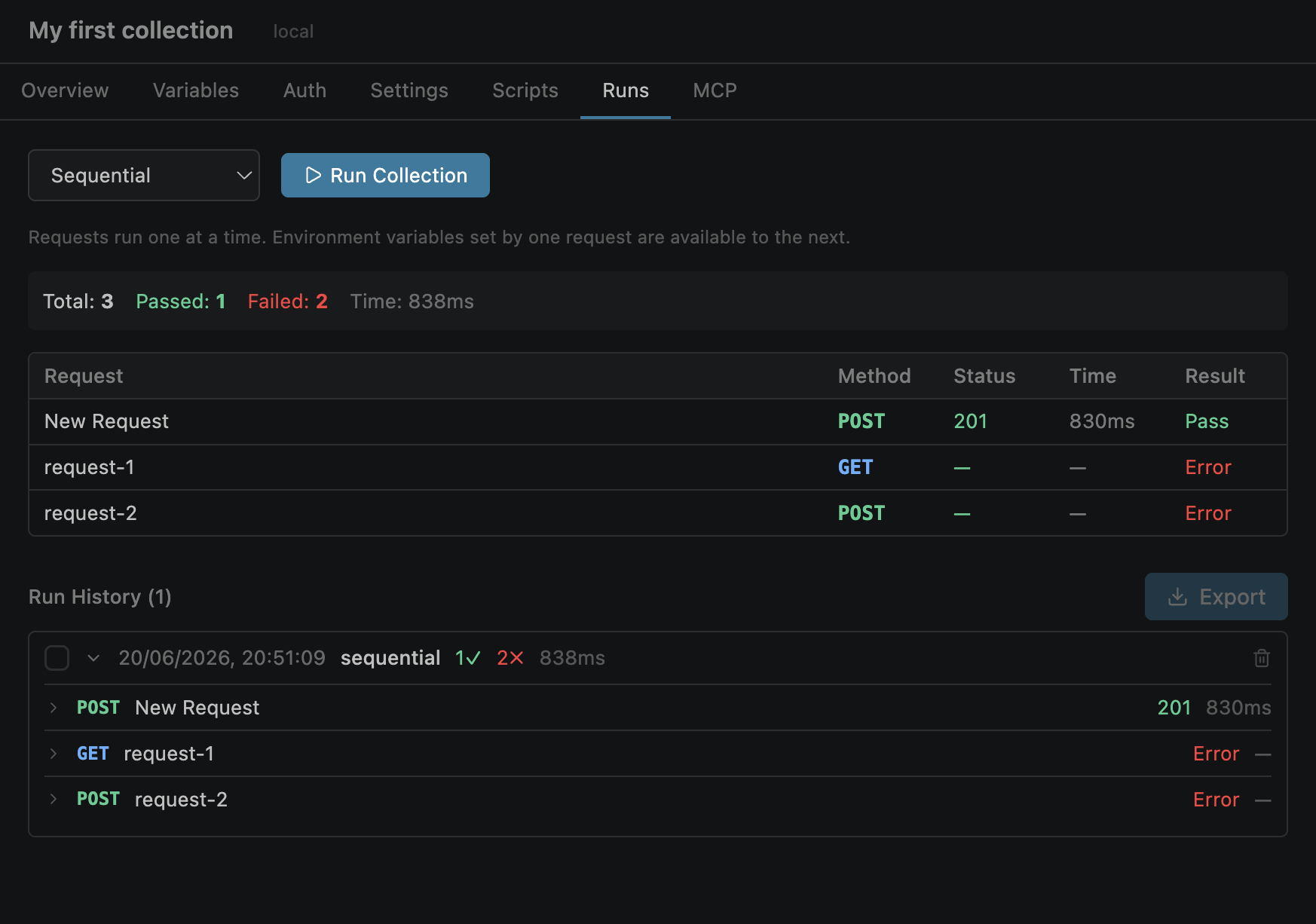 Collection Runs tab with sequential execution results